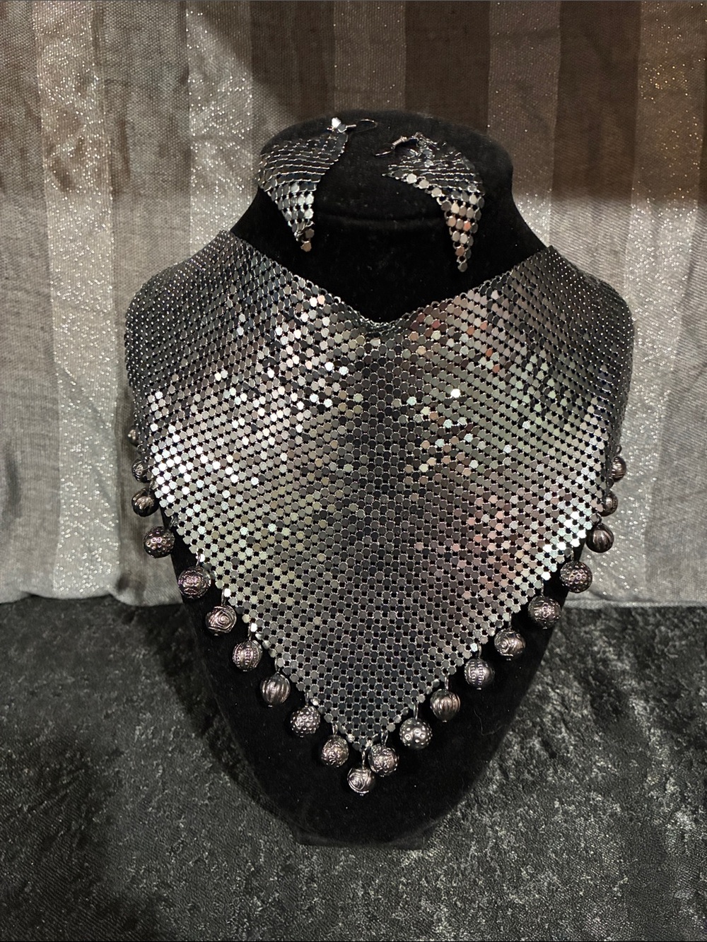 Gunmetal Mesh Bib Necklace with Beaded Edge - Sleek Evening Statement